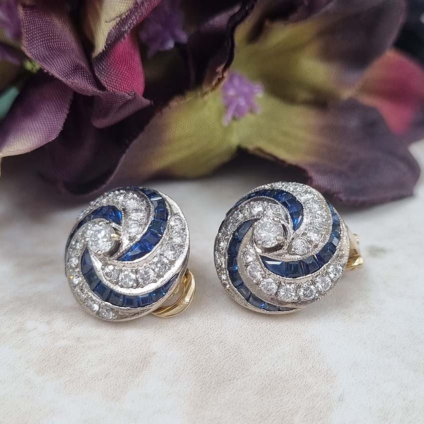 Vintage Sapphire and Diamond Swirl Cluster Clip Earrings