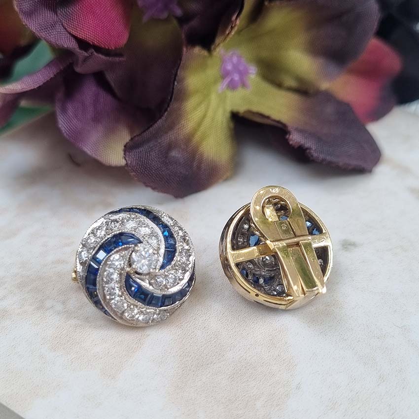 Vintage Sapphire and Diamond Swirl Cluster Clip Earrings