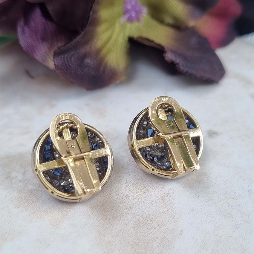 Vintage Sapphire and Diamond Swirl Cluster Clip Earrings