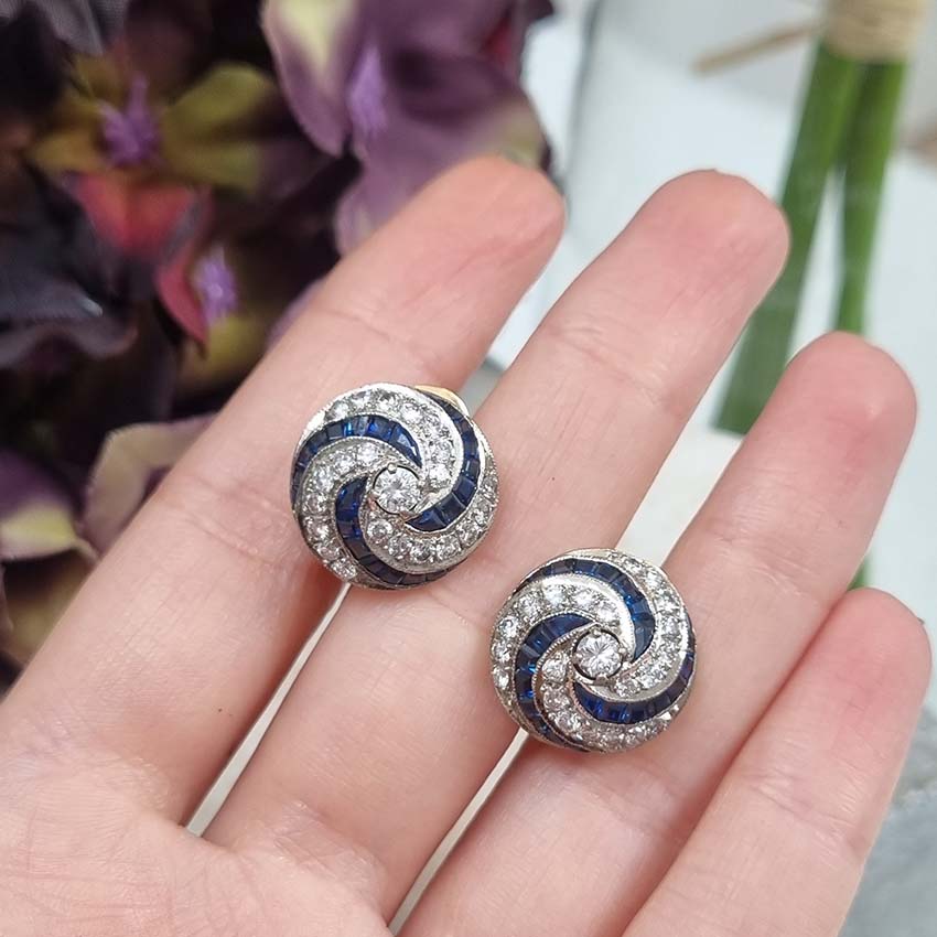 Vintage Sapphire and Diamond Swirl Cluster Clip Earrings