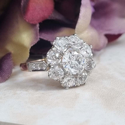 Antique Old Cut Diamond Cluster Engagement Ring, 2.79 carat total