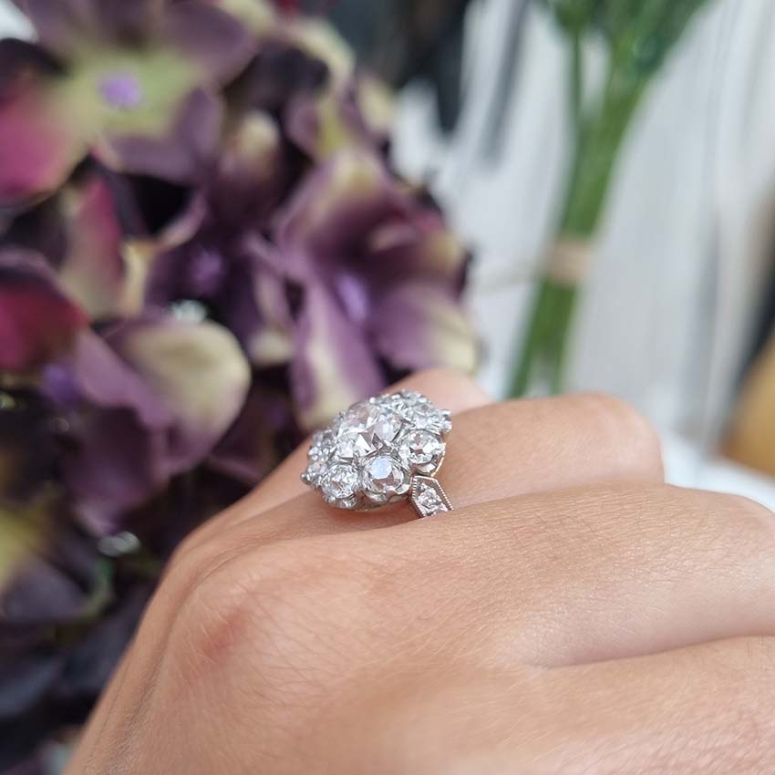 Antique Old Cut Diamond Cluster Engagement Ring, 2.79 carat total