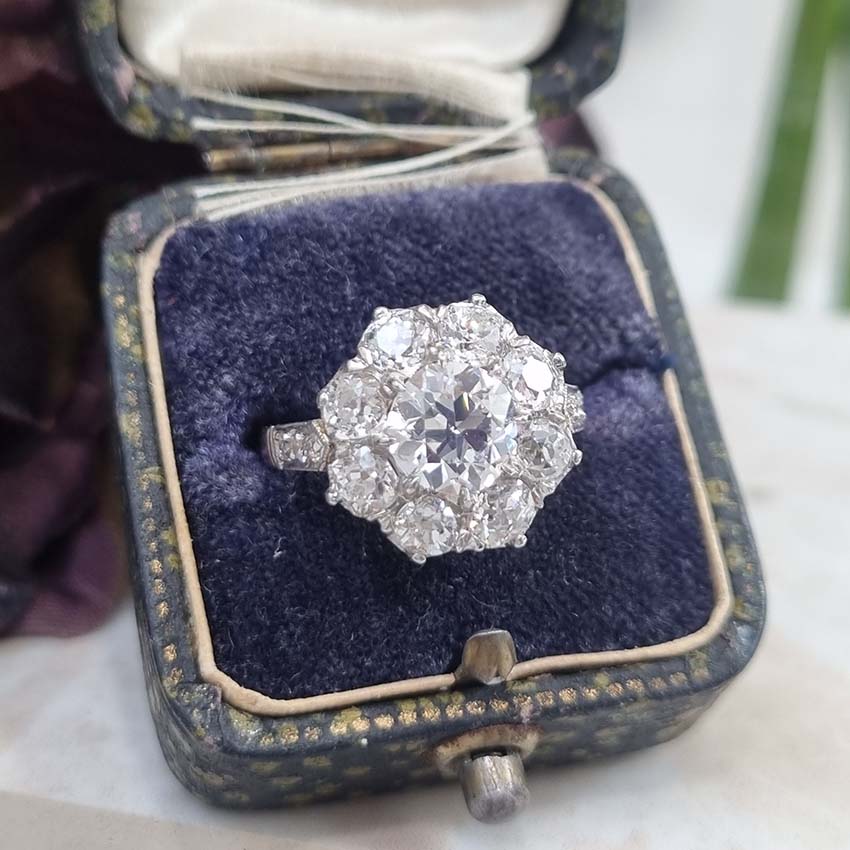 Antique Old Cut Diamond Cluster Engagement Ring, 2.79 carat total