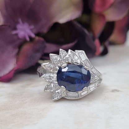 Vintage Retro Natural Sapphire and Diamond Cluster Dress Ring