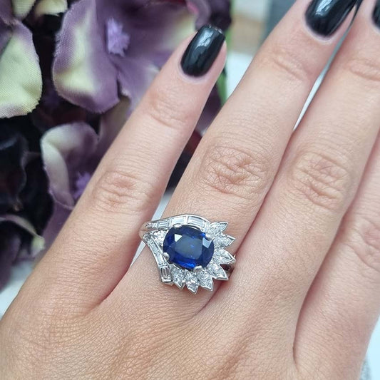 Vintage Retro Natural Sapphire and Diamond Cluster Dress Ring