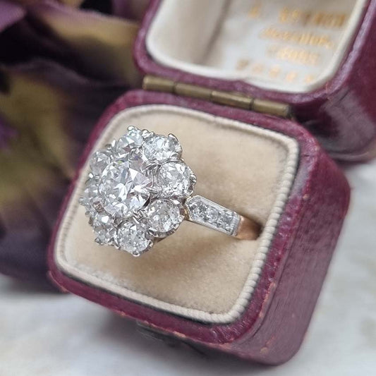 Antique Old Cut Diamond Cluster Engagement Ring, 2.79 carat total