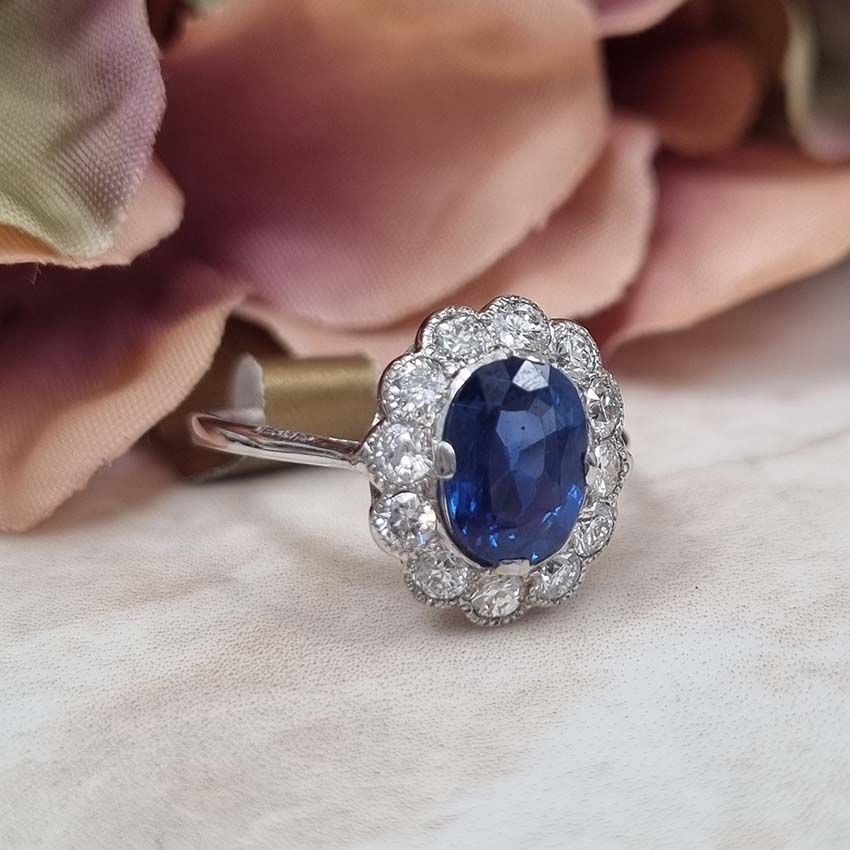 Antique Natural No Heat Sapphire and Diamond Cluster Engagement Ring