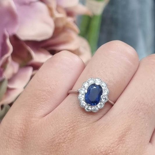 Antique Natural No Heat Sapphire and Diamond Cluster Engagement Ring