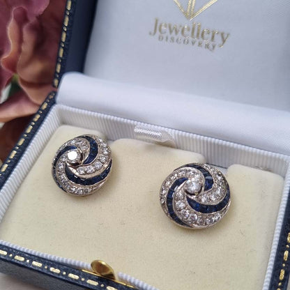 Vintage Sapphire and Diamond Swirl Cluster Clip Earrings