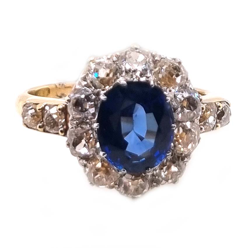 Victorian Antique 2.55ct Sapphire and Old Cut Diamond Cluster Ring