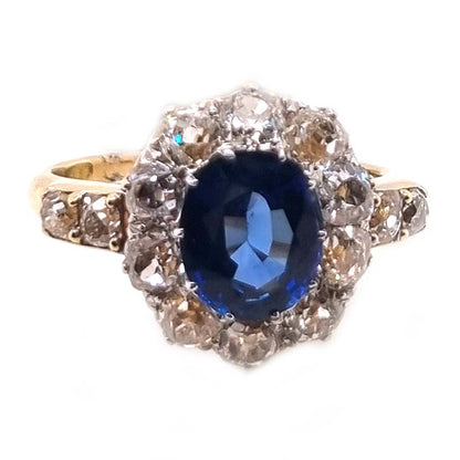 Victorian Antique 2.55ct Sapphire and Old Cut Diamond Cluster Ring