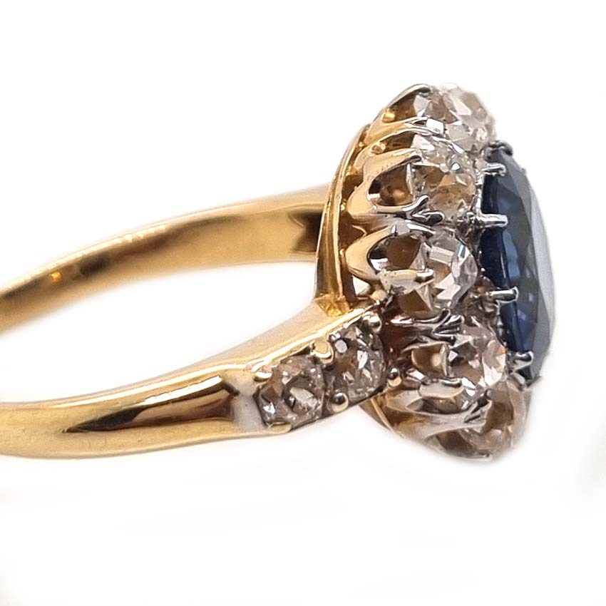 Victorian Antique 2.55ct Sapphire and Old Cut Diamond Cluster Ring