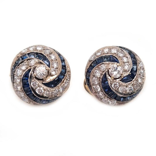 Vintage Sapphire and Diamond Swirl Cluster Clip Earrings