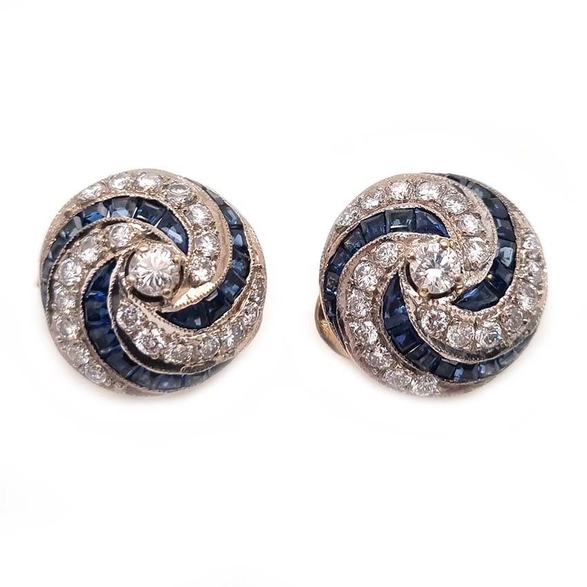 Vintage Sapphire and Diamond Swirl Cluster Clip Earrings