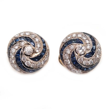 Vintage Sapphire and Diamond Swirl Cluster Clip Earrings