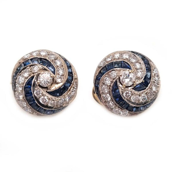 Vintage Sapphire and Diamond Swirl Cluster Clip Earrings