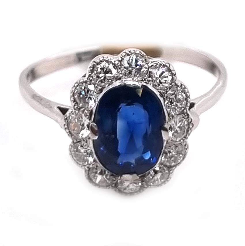 Antique Natural No Heat Sapphire and Diamond Cluster Engagement Ring