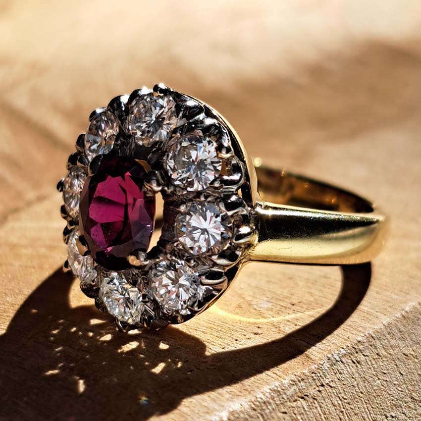 Vintage 1ct Ruby and Old Cut Diamond Cluster Ring