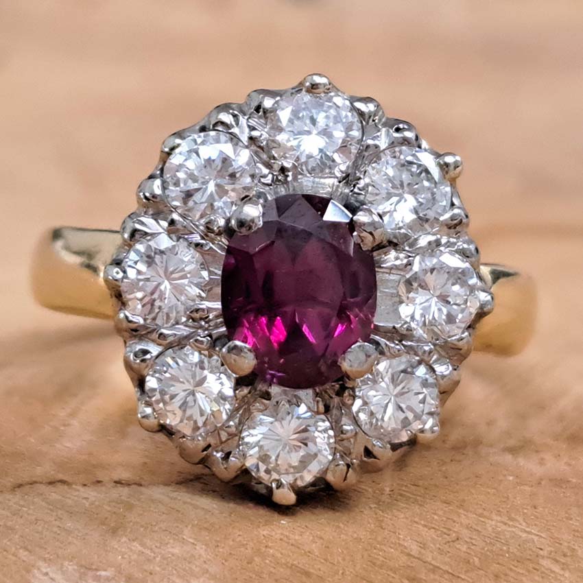 Vintage 1ct Ruby and Old Cut Diamond Cluster Ring