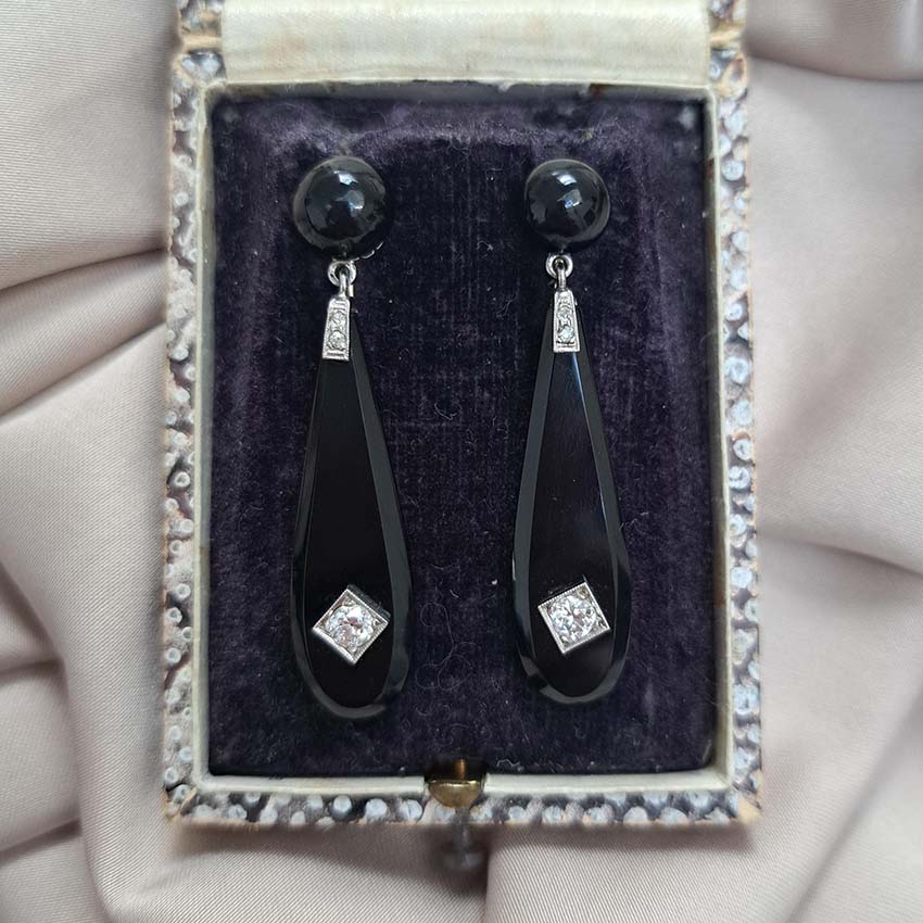 Art Deco Old Cut Diamond and Onyx Drop Earrings