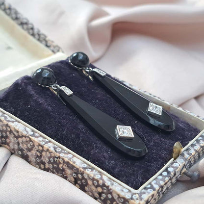 Art Deco Old Cut Diamond and Onyx Drop Earrings