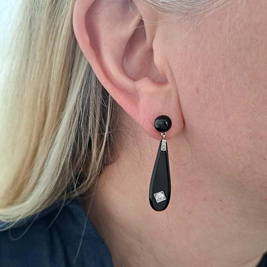 Art Deco Old Cut Diamond and Onyx Drop Earrings