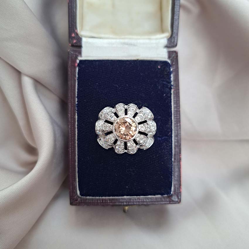 Vintage 1950s Cognac Diamond and White Diamond Bombe Cluster Ring
