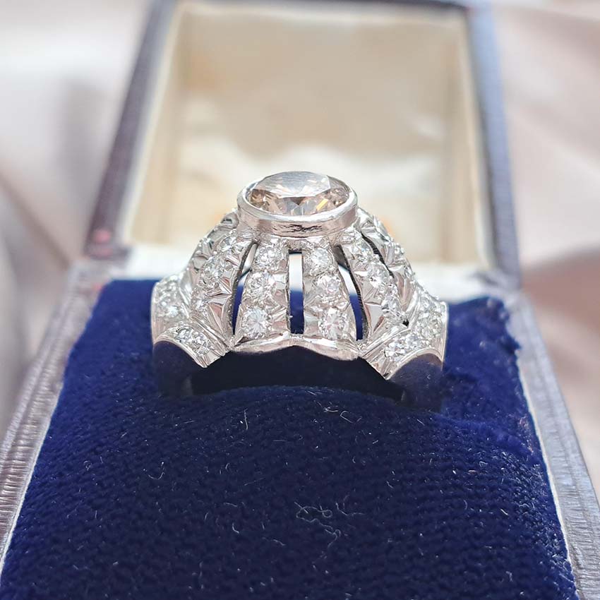 Vintage 1950s Cognac Diamond and White Diamond Bombe Cluster Ring