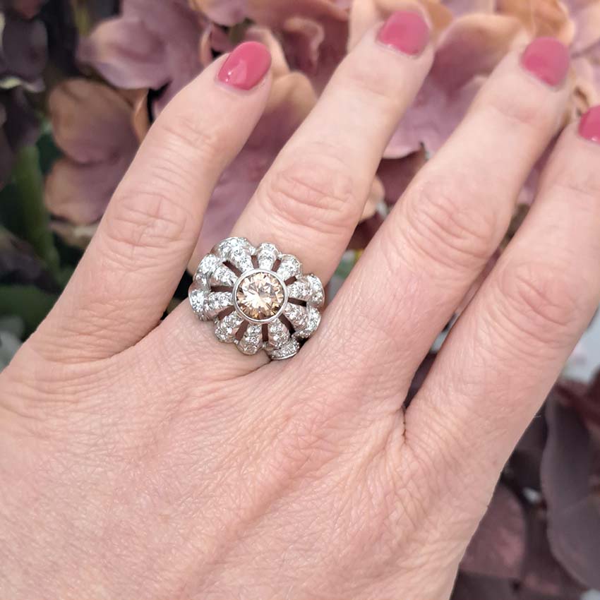 Vintage 1950s Cognac Diamond and White Diamond Bombe Cluster Ring