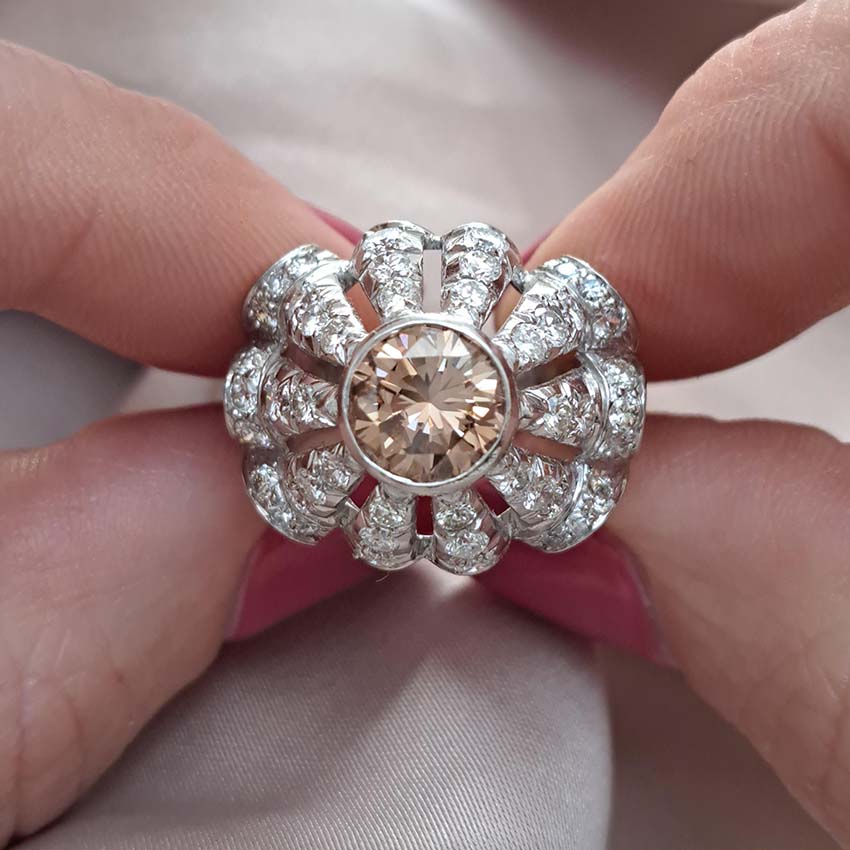 Vintage 1950s Cognac Diamond and White Diamond Bombe Cluster Ring