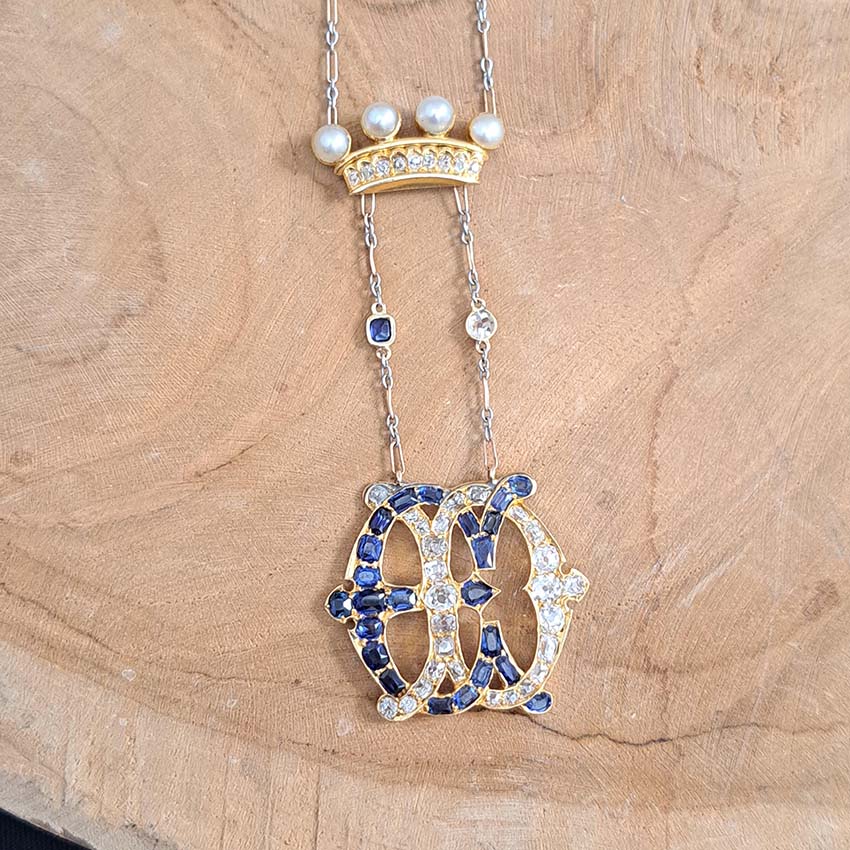 Edwardian Antique Marchioness Sapphire and Diamond Wedding Pendant Necklace