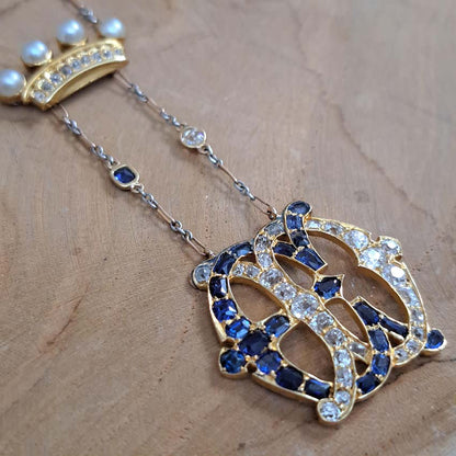 Edwardian Antique Marchioness Sapphire and Diamond Wedding Pendant Necklace