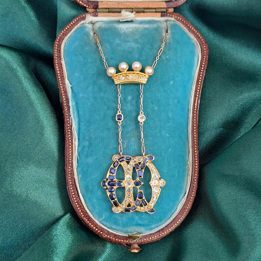 Edwardian Antique Marchioness Sapphire and Diamond Wedding Pendant Necklace