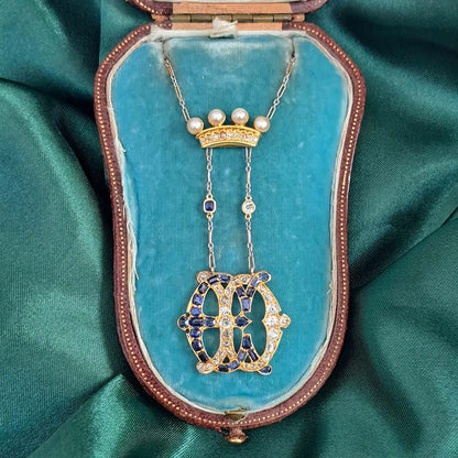 Edwardian Antique Marchioness Sapphire and Diamond Wedding Pendant Necklace
