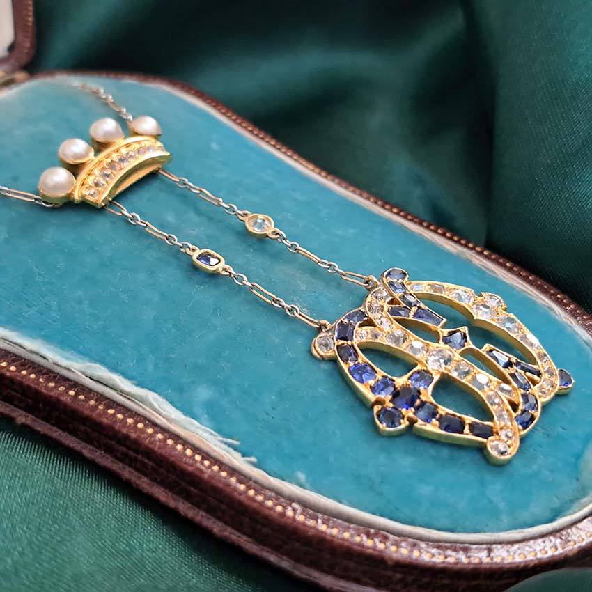 Edwardian Antique Marchioness Sapphire and Diamond Wedding Pendant Necklace
