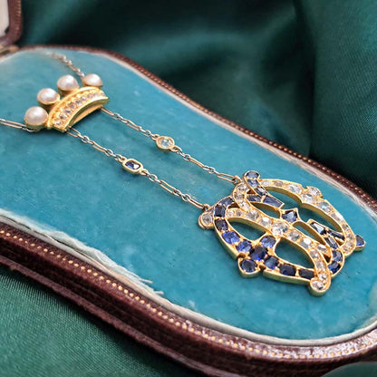 Edwardian Antique Marchioness Sapphire and Diamond Wedding Pendant Necklace