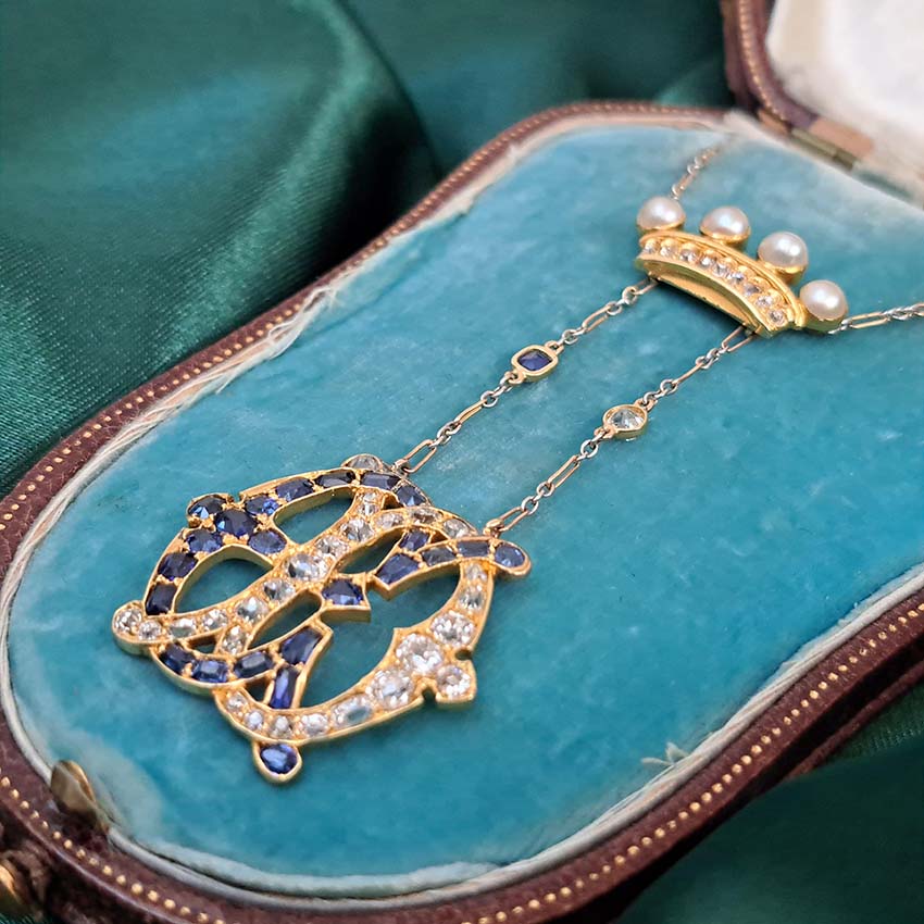 Edwardian Antique Marchioness Sapphire and Diamond Wedding Pendant Necklace