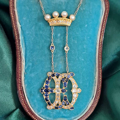Edwardian Antique Marchioness Sapphire and Diamond Wedding Pendant Necklace