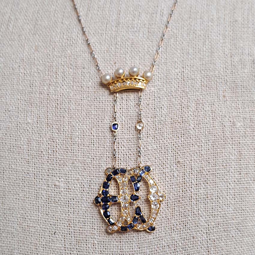 Edwardian Antique Marchioness Sapphire and Diamond Wedding Pendant Necklace