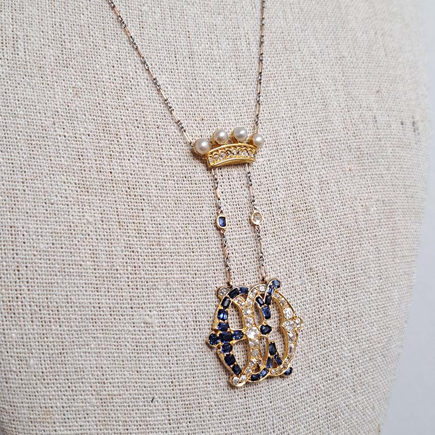 Edwardian Antique Marchioness Sapphire and Diamond Wedding Pendant Necklace