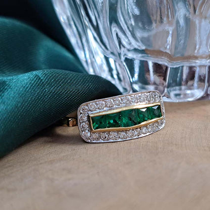French Cut Emerald Five Stone and Diamond Cluster Band Ring