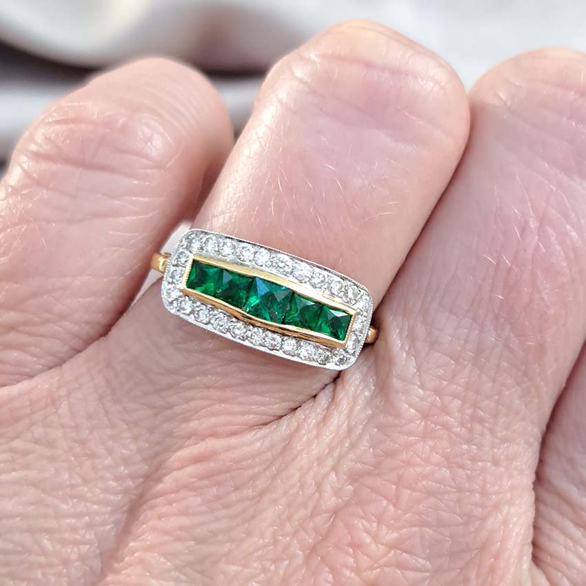 French Cut Emerald Five Stone and Diamond Cluster Band Ring