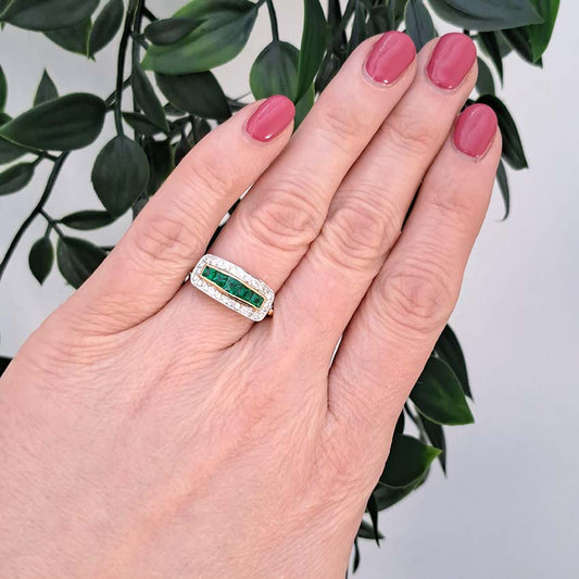 French Cut Emerald Five Stone and Diamond Cluster Band Ring