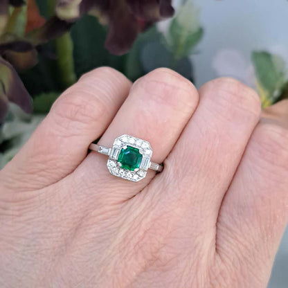 Art Deco 0.50ct Colombian Emerald and Diamond Cluster Engagement Ring