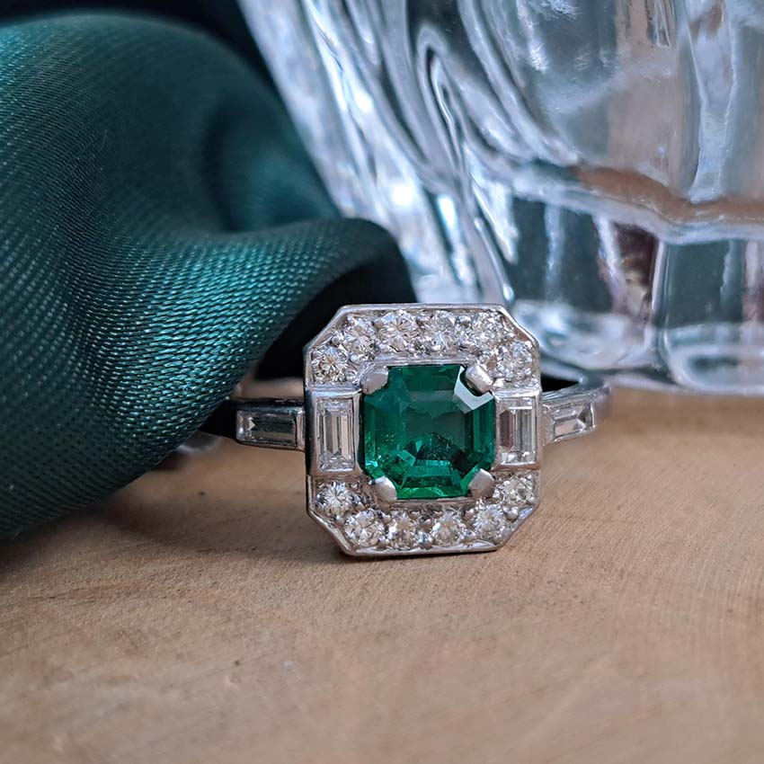 Art Deco 0.50ct Colombian Emerald and Diamond Cluster Engagement Ring