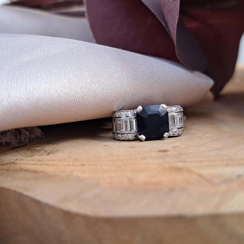 Art Deco Sapphire and Diamond Bow Design Engagement Ring