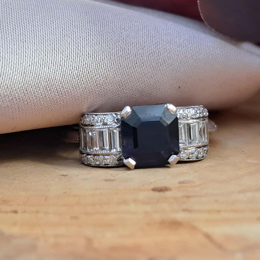 Art Deco Sapphire and Diamond Bow Design Engagement Ring