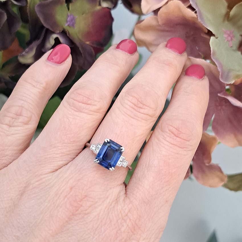 Art Deco 3.50ct Emerald Cut Sapphire Solitaire Engagement Ring with Baguette Diamonds