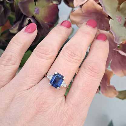 Art Deco 3.50ct Emerald Cut Sapphire Solitaire Engagement Ring with Baguette Diamonds