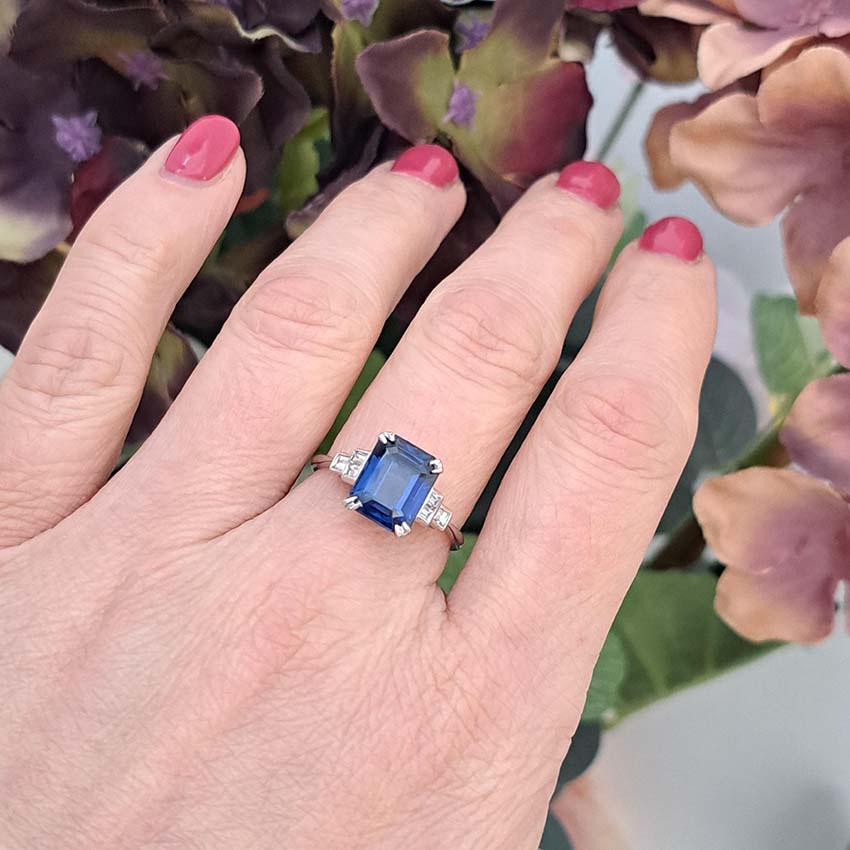 Art Deco 3.50ct Emerald Cut Sapphire Solitaire Engagement Ring with Baguette Diamonds